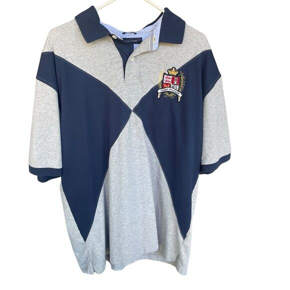 Tommy Hilfiger Mens Polo Shirt XXL 2X Gray Blue Embroidered Logo Crest Y2K - Picture 1 of 9